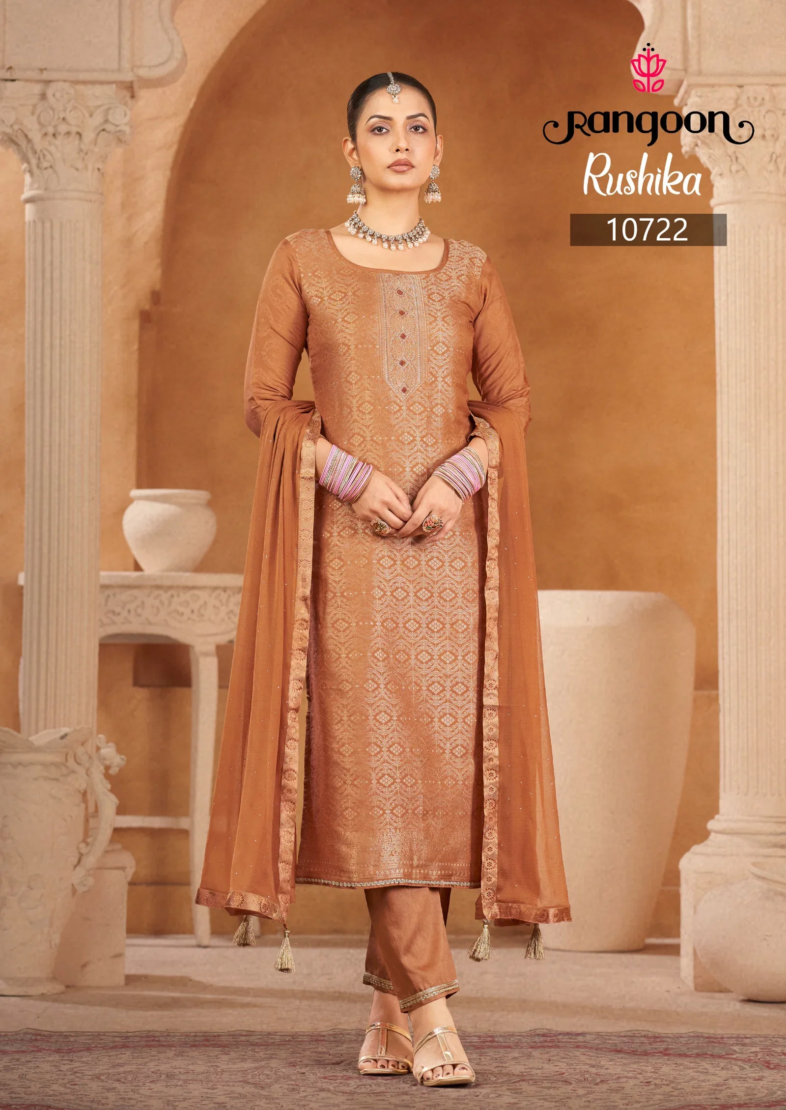 Rangoon Rushika Viscose Maslin Jacquard Worked Kurti With Bottom Dupatta