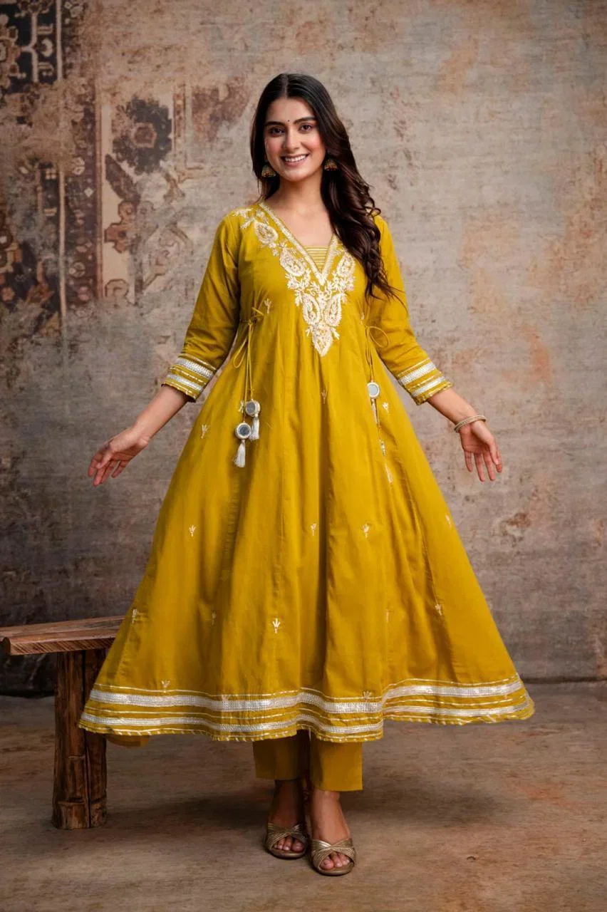 Naisha K 1052 Mul Cotton Embroidered Anarkali Kurti With Bottom Dupatta