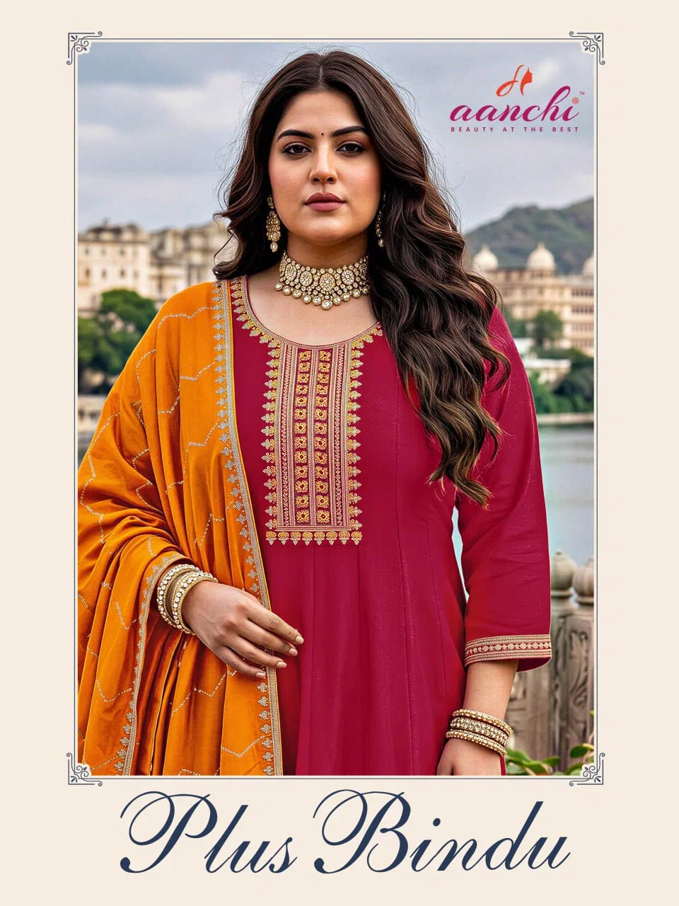 Aanchi Plus Bindu Vichitra Silk Embroidered Kurti With Bottom Dupatta