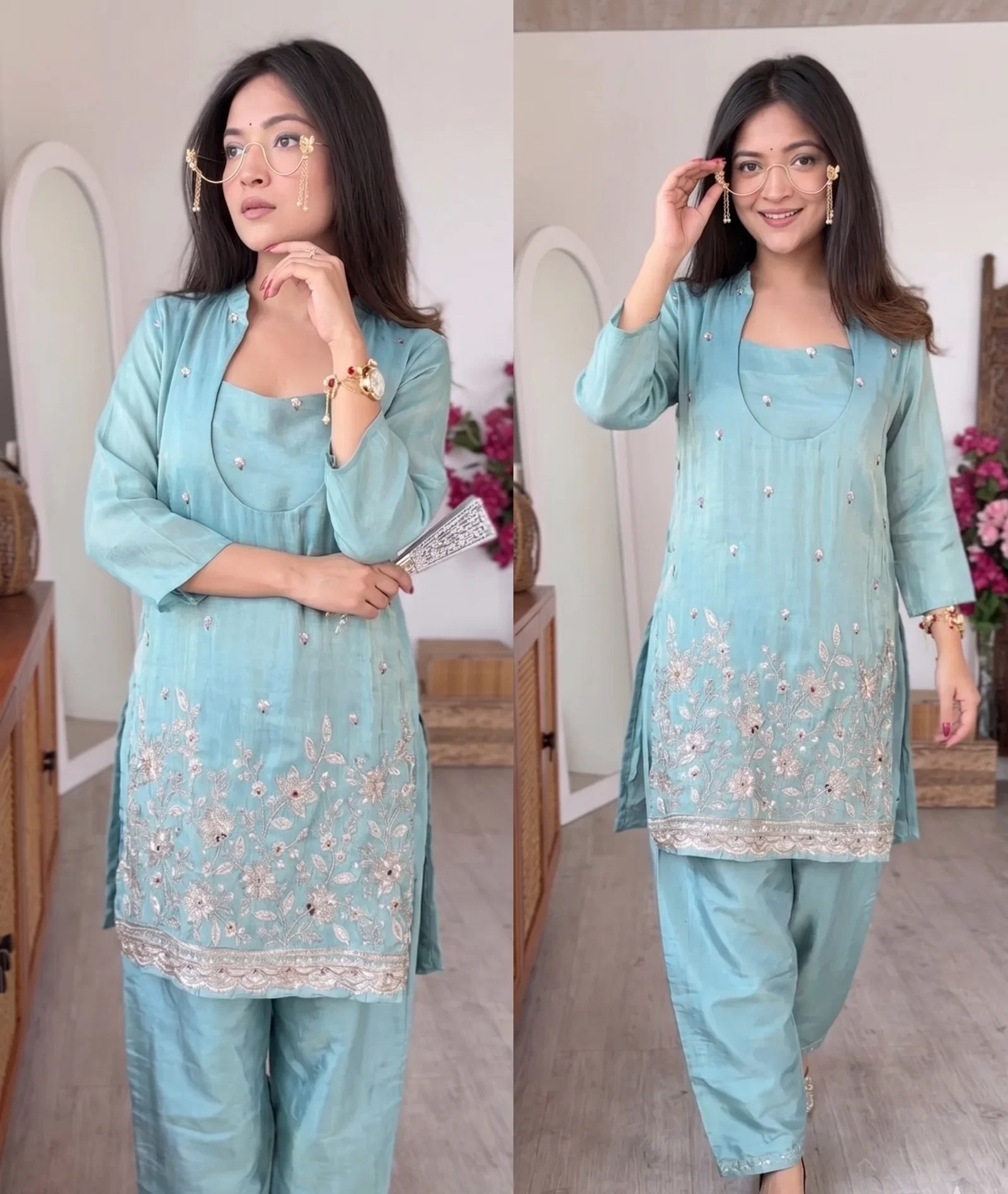 Kalisha 01 Silk Crepe Embroidered Kurta With Blouse And Palazzo
