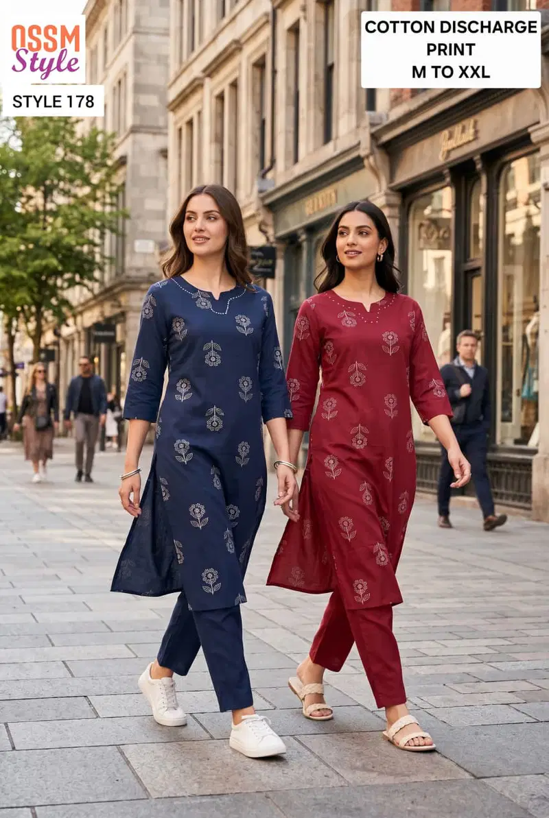 Ossm Style 178 Cotton Discharge Printed Kurti With Bottom