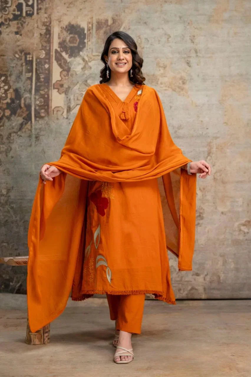 Naisha K 1056 Mul Mul Cotton Embroidered Aline Kurti With Bottom Dupatta