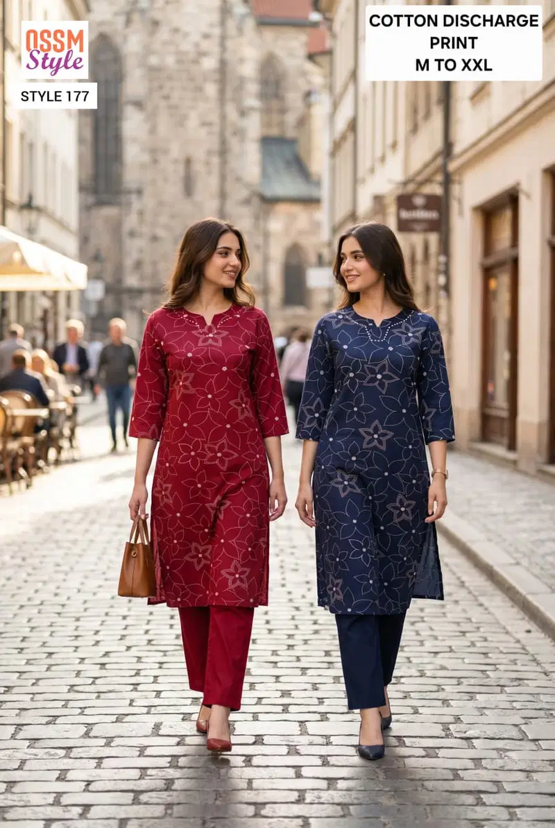 Ossm Style 177 Cotton Discharge Printed Kurti With Bottom