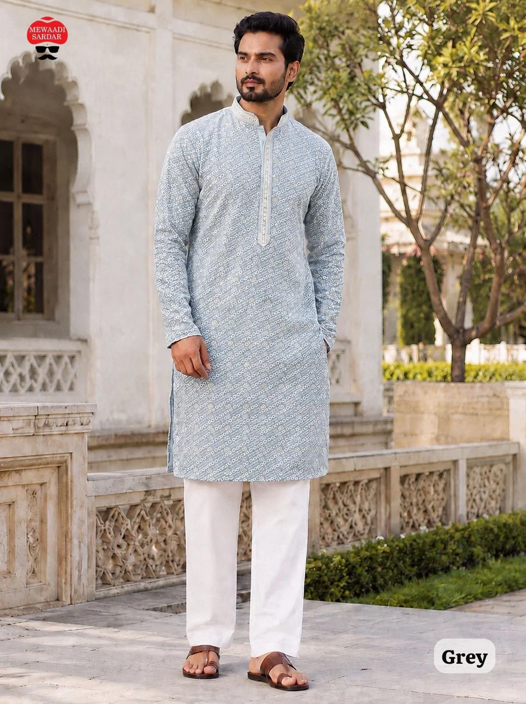 Manyavar Chikankari Rayon Chikan Schiffli Work Mens Kurta With Pant