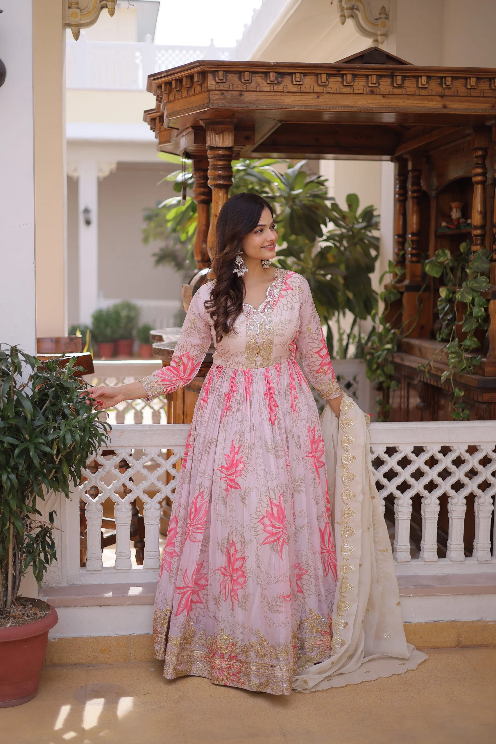 Lekha KA 1243 Russian Silk Digital Printed Embroidery Zari Sequins Work Gown With Dupatta