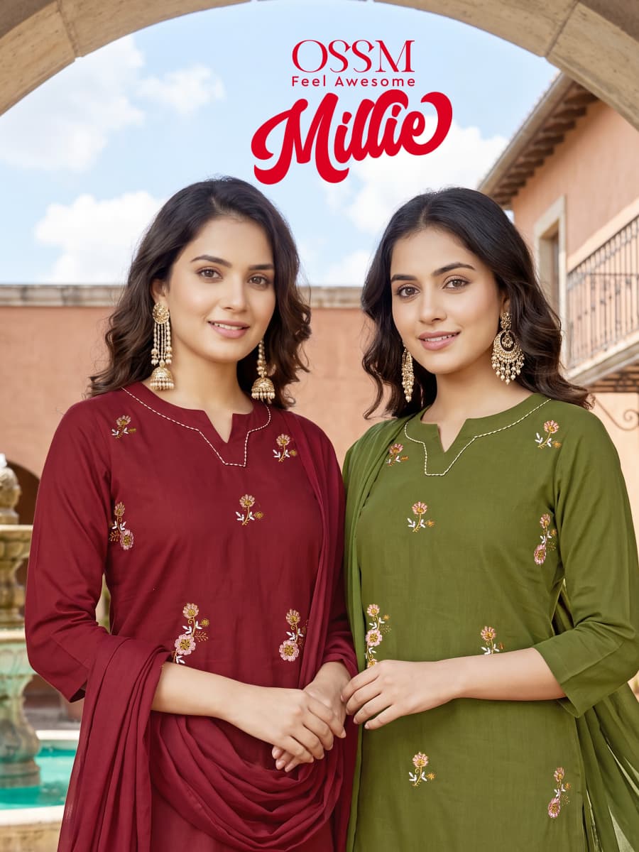 Ossm Millie Vol 1 Cotton Embroidered Kurti With Bottom Dupatta