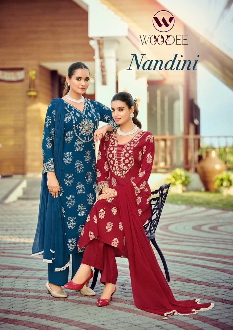 Woodee Nandini Slub Rayon Emboss Print Kurti With Bottom Dupatta