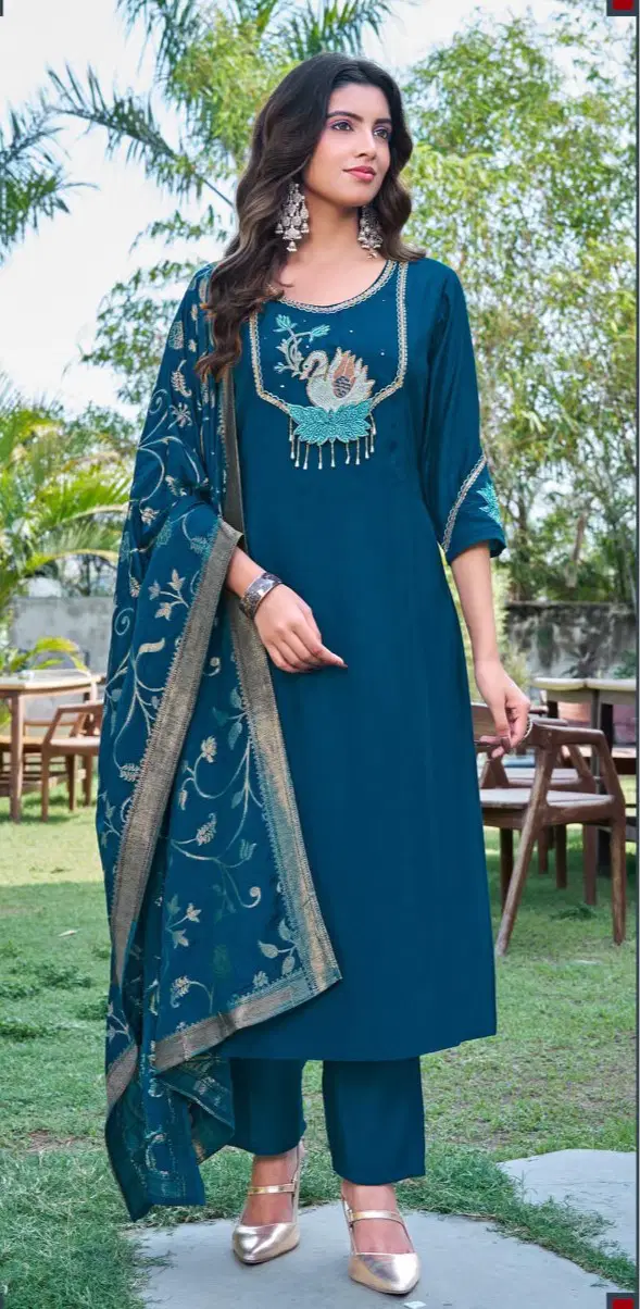 Ladies Flavour 3446 To 3348 Mul Chanderi Embroidered Kurti With Bottom Dupatta