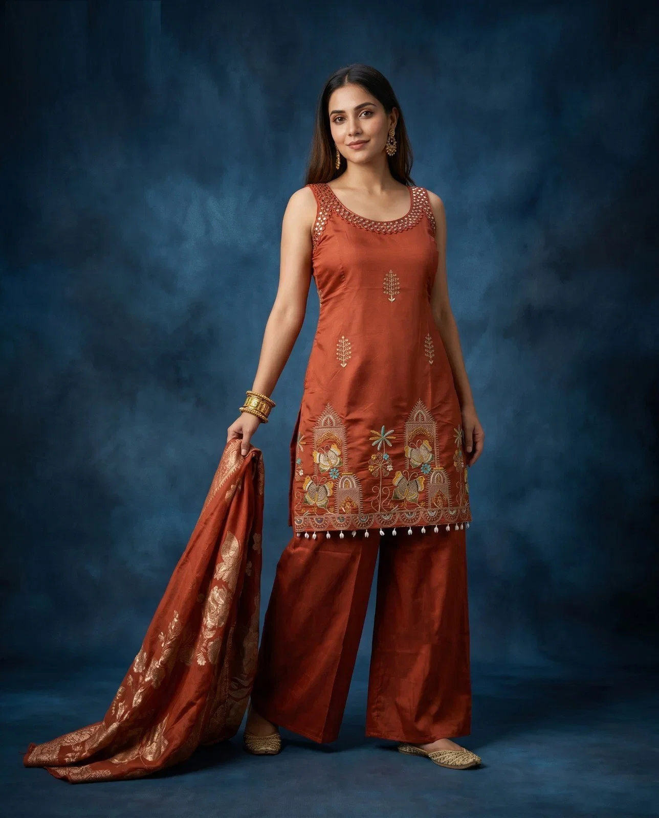 Naisha K 1059 Roman Silk Manual Worked Kurti With Bottom Dupatta