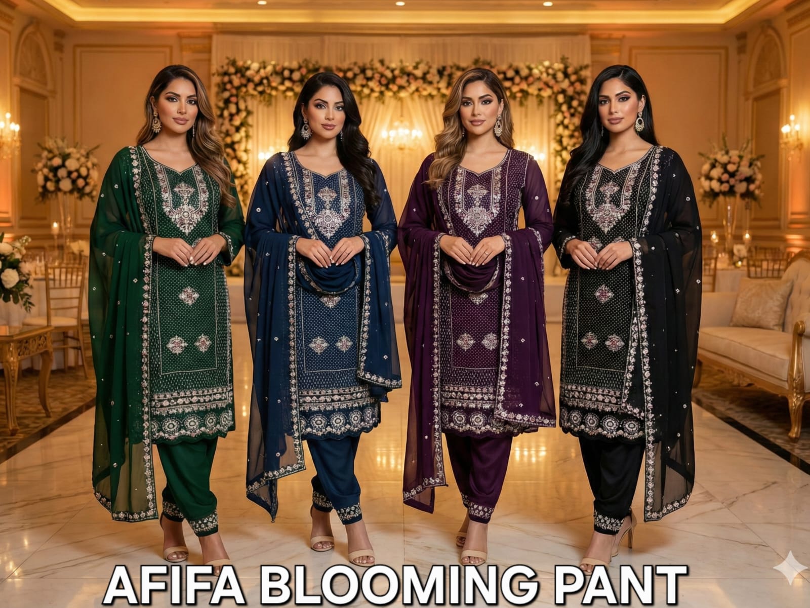 FM Afifa Blooming Pant Georgette Readymade Top Pant Dupatta Set