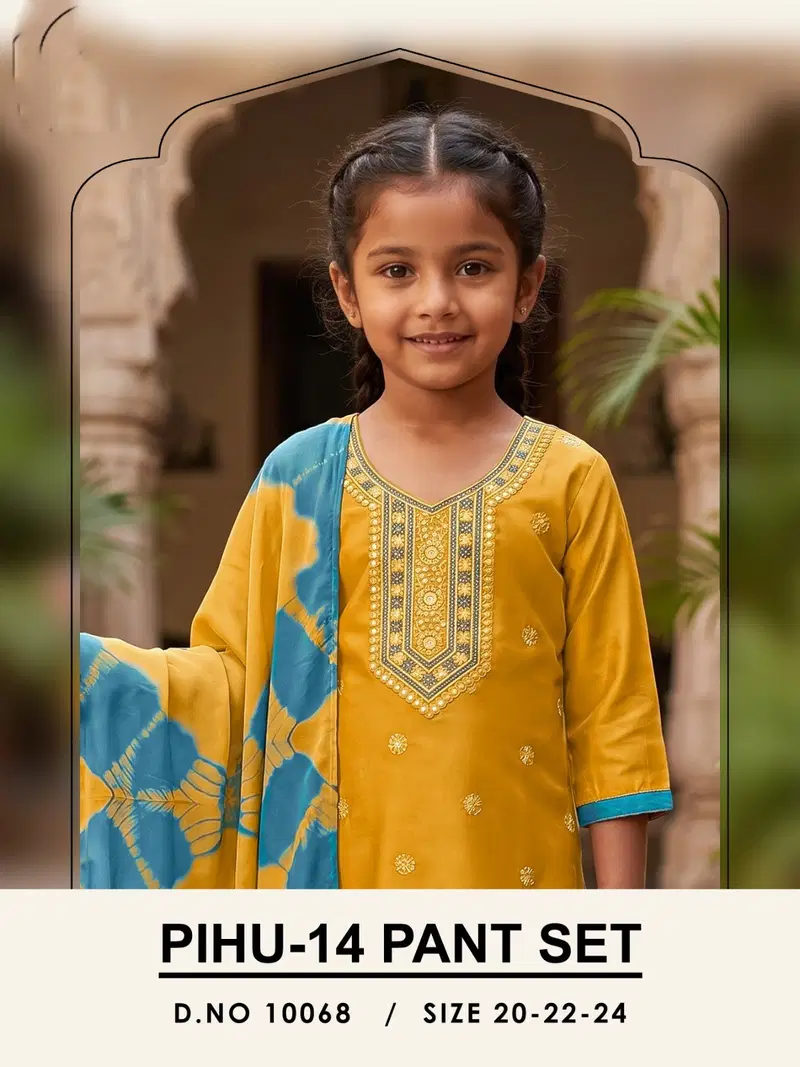 Pihu 10068 Roman Silk Embroidered Kids Kurti Set Collection