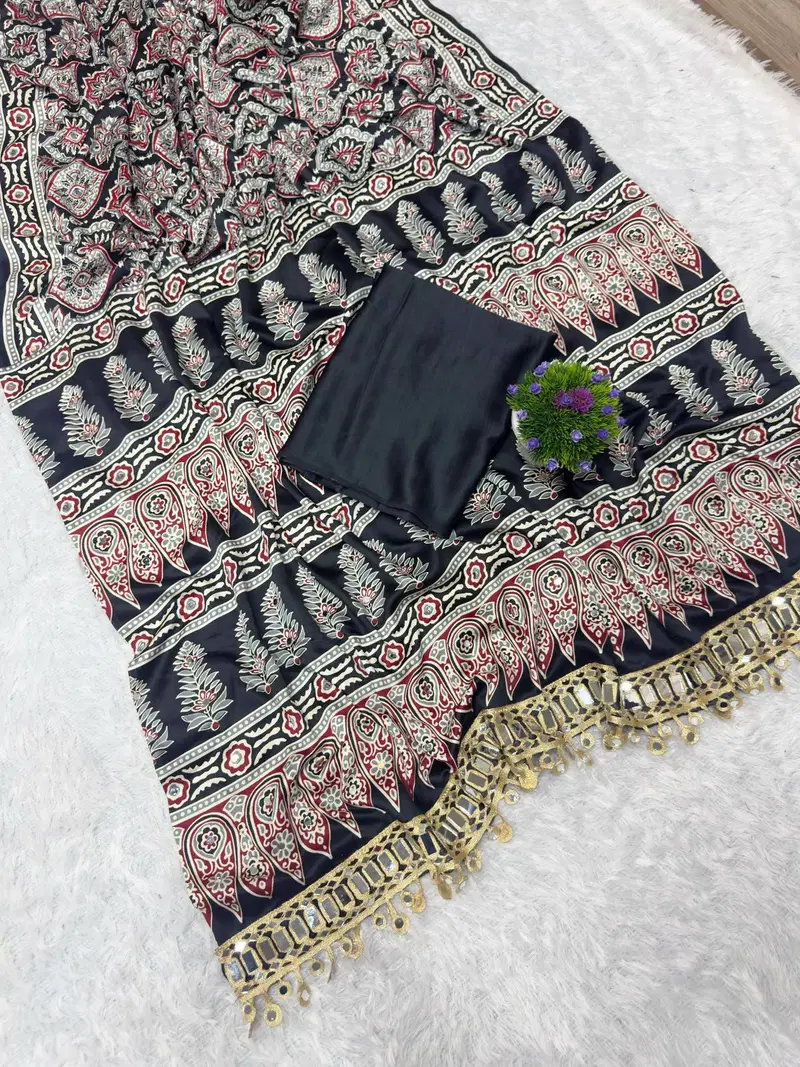 St D No 142 Satin Viscose Silk Pure Arjakh Printed Saree Collection