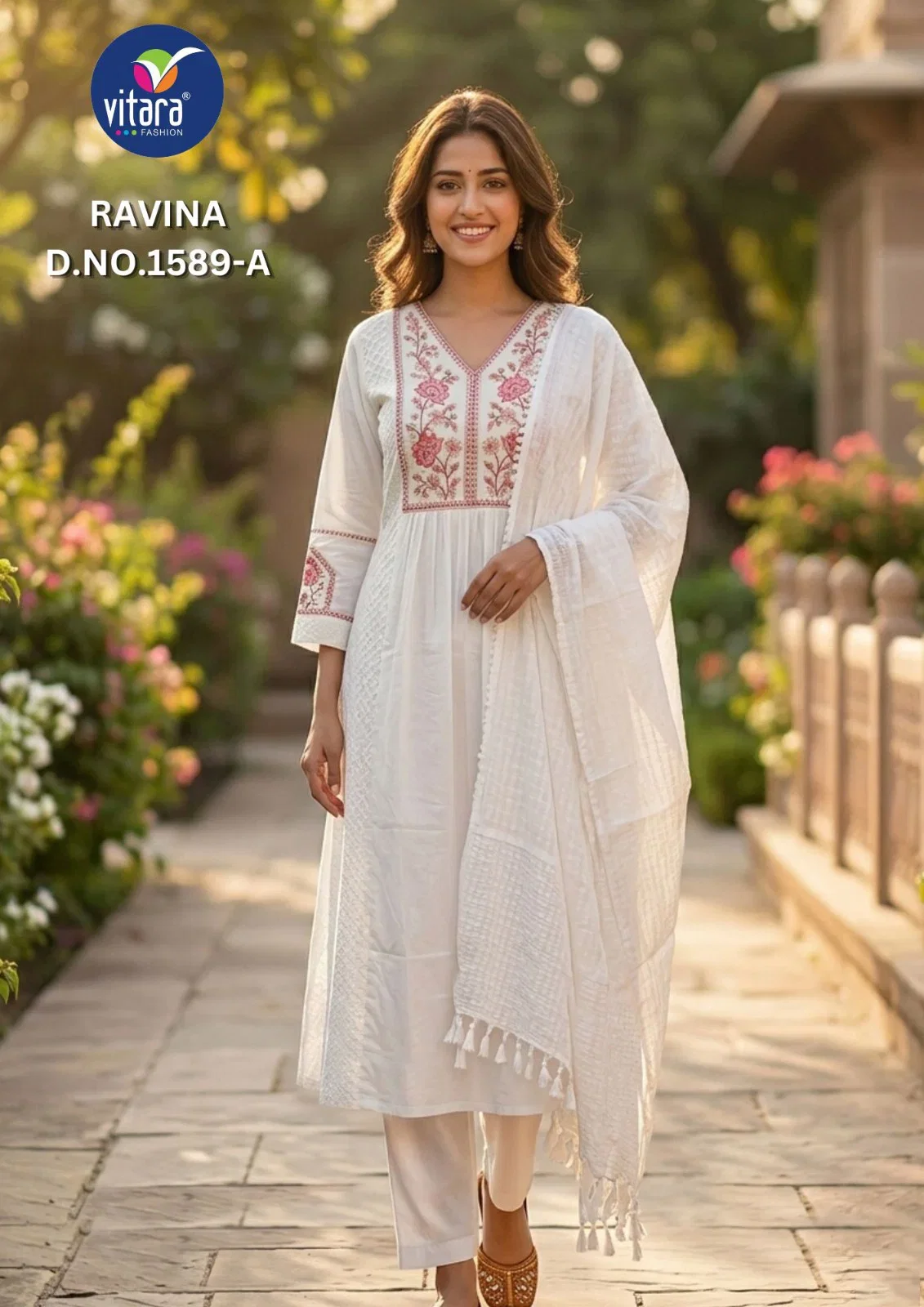 Vitara Ravina Cambric Cotton Embroidered Kurti With Bottom Dupatta