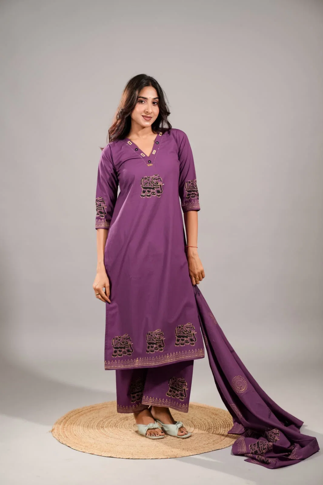 Naisha K 1061 Dhabu Cotton Embroidered Kurti With Bottom Dupatta