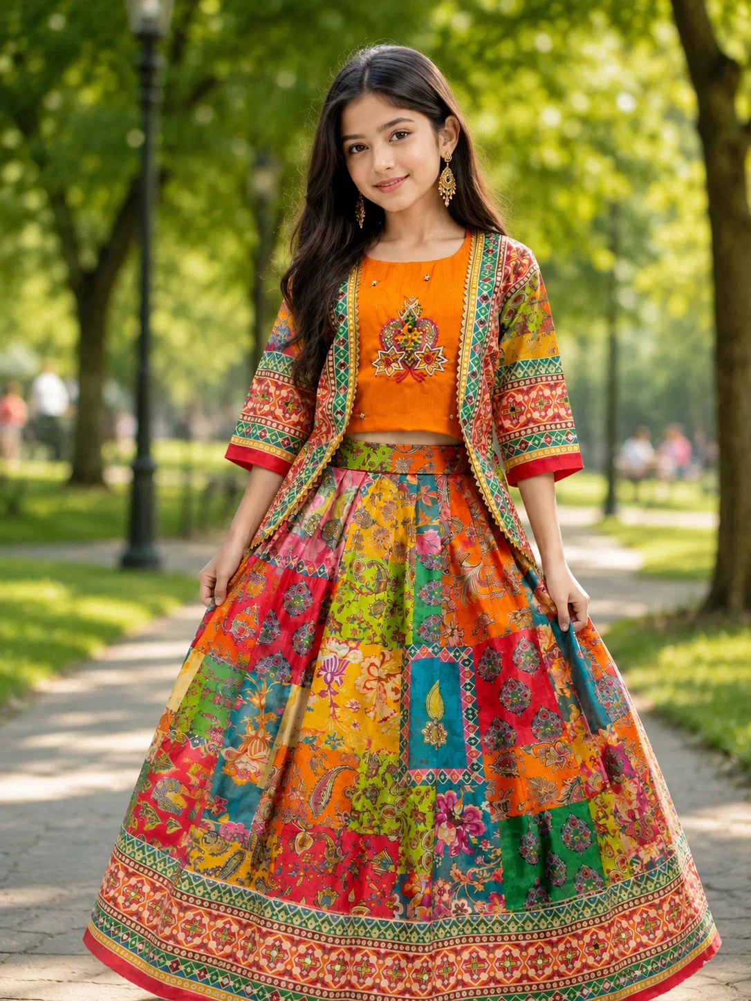 St D No 141 Chinon Silk Digital Printed Kids Lehenga Choli With Koti