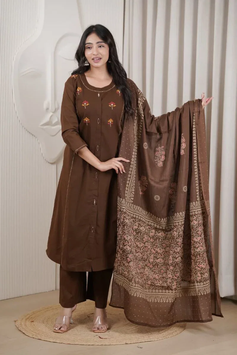 Naisha K 1062 Cotton Dhabu Embroidered Kurti With Bottom Dupatta