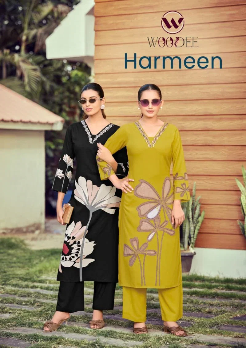 Woodee Harmeen Rayon Thread Worked Kurti With Bottom Collection