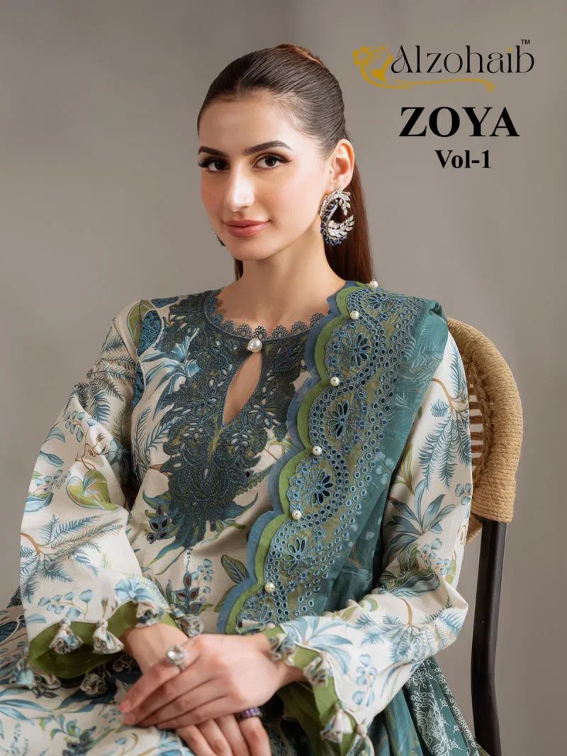 Alzohaib Zoya 1549 To 1552 Chiffon Dupatta Cotton Patched Worked Salwar Kameez
