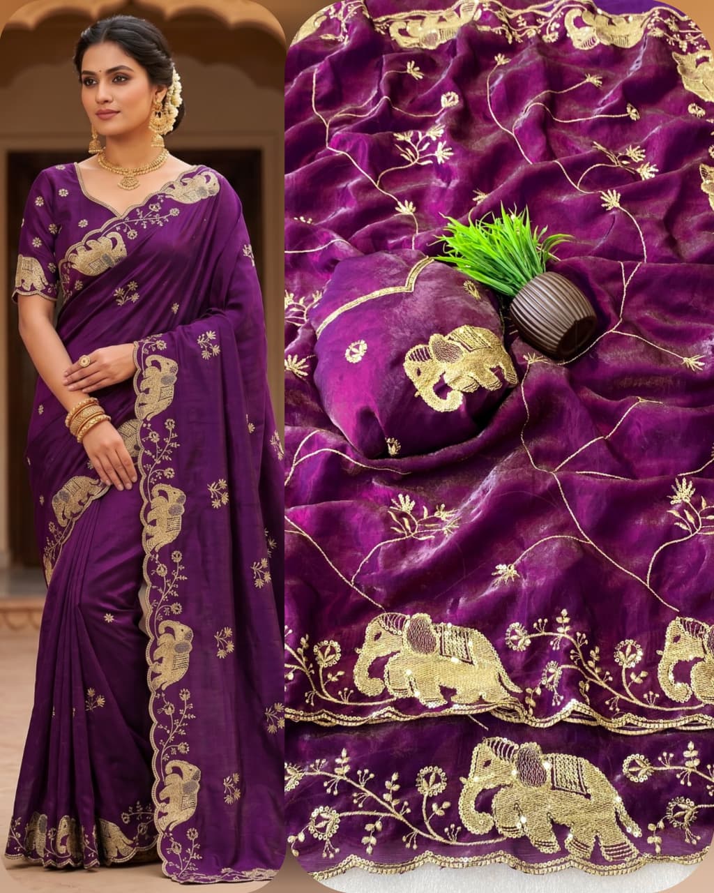 Lekha VLC Bahubali Silk Gold Zari Embroidery And Sequins With Cutwork Border Saree