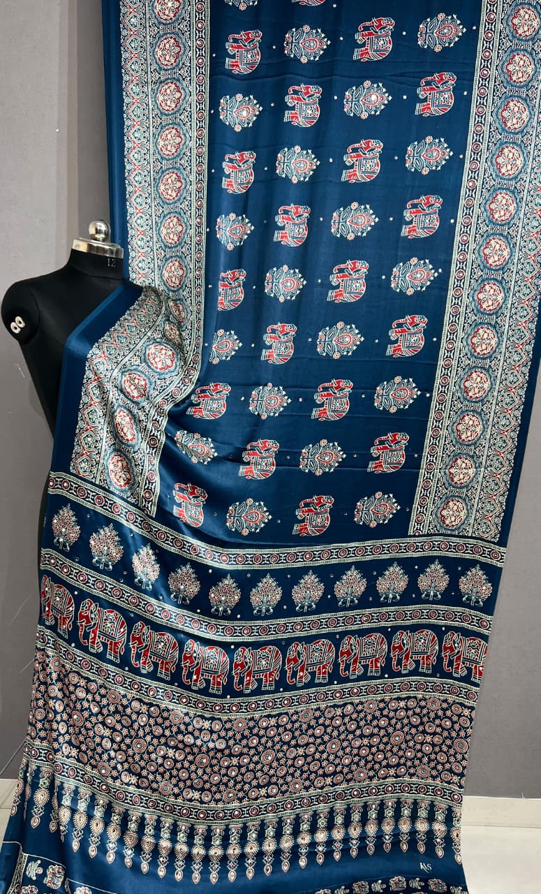 Lekha Rivera RT1180 Japan Satin Silk Ajrakh Print With Mirror Work Saree